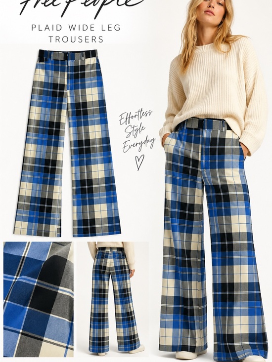 Free People Pants - Free People Blue, Black & Cream Plaid Wide-Leg Trousers